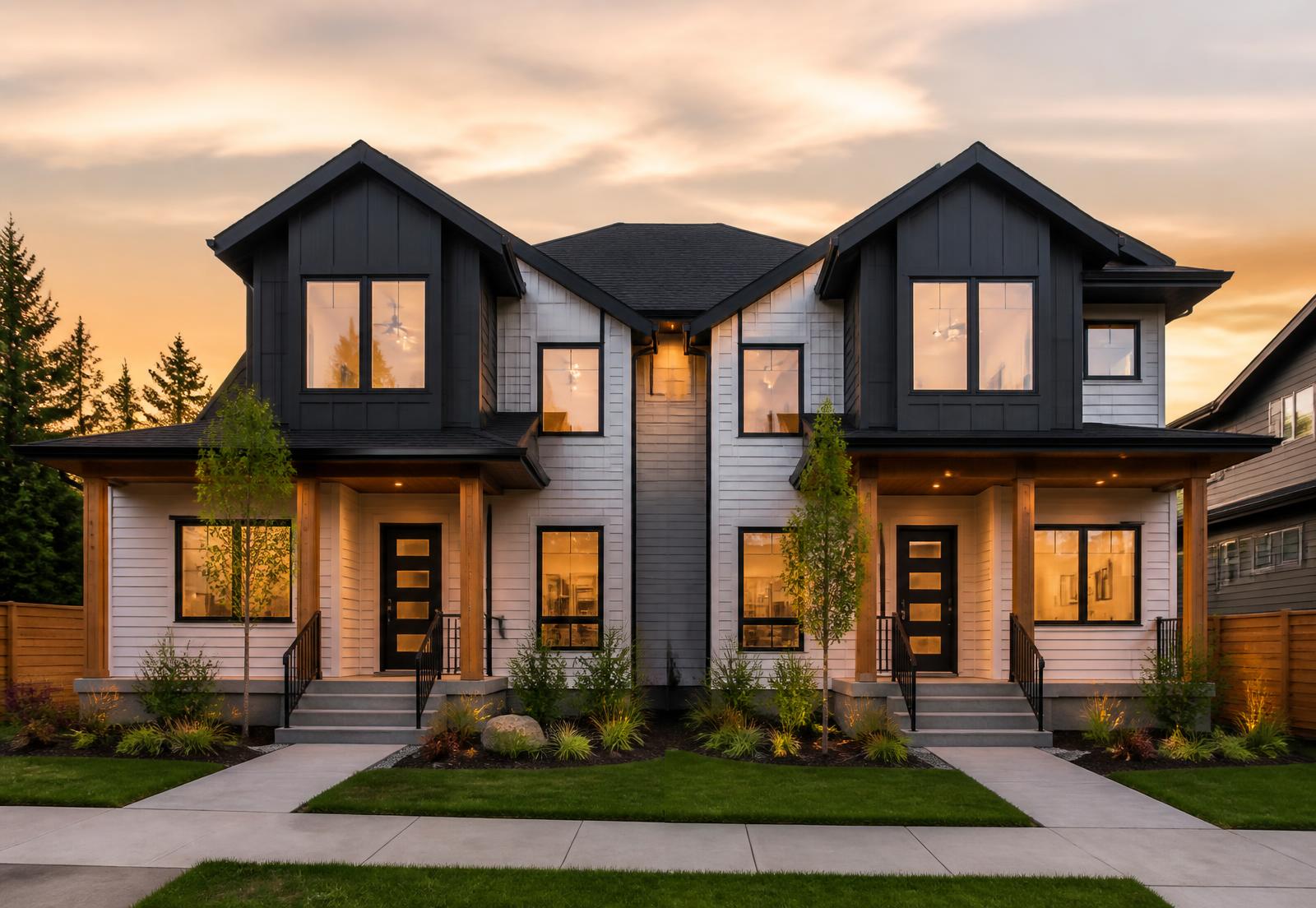 Modern investment duplex at dusk